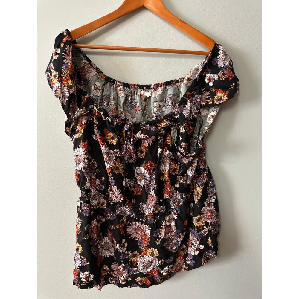 Maurices Women’s 1X Black Floral Boho Peasant Blouse Smocked Waist
